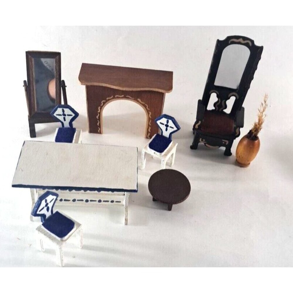 VTG Dollhouse Furniture Dining Set Wood Fireplace Mirror Vase Chairs 1:12
